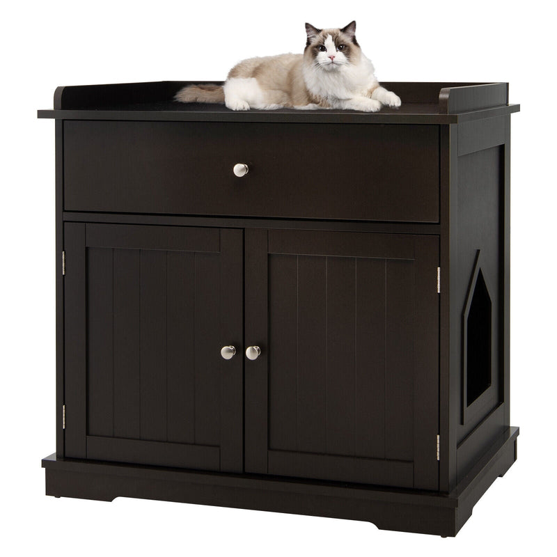 Wooden Cat Litter Box Enclosure with Drawer Side Table Furniture - Relaxacare