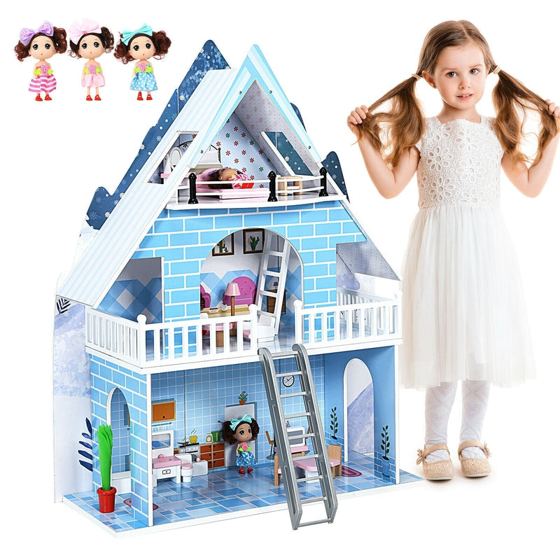 Wooden Dollhouse 3-Story Pretend Playset with Furniture and Doll Gift for Age 3+ Year - Relaxacare