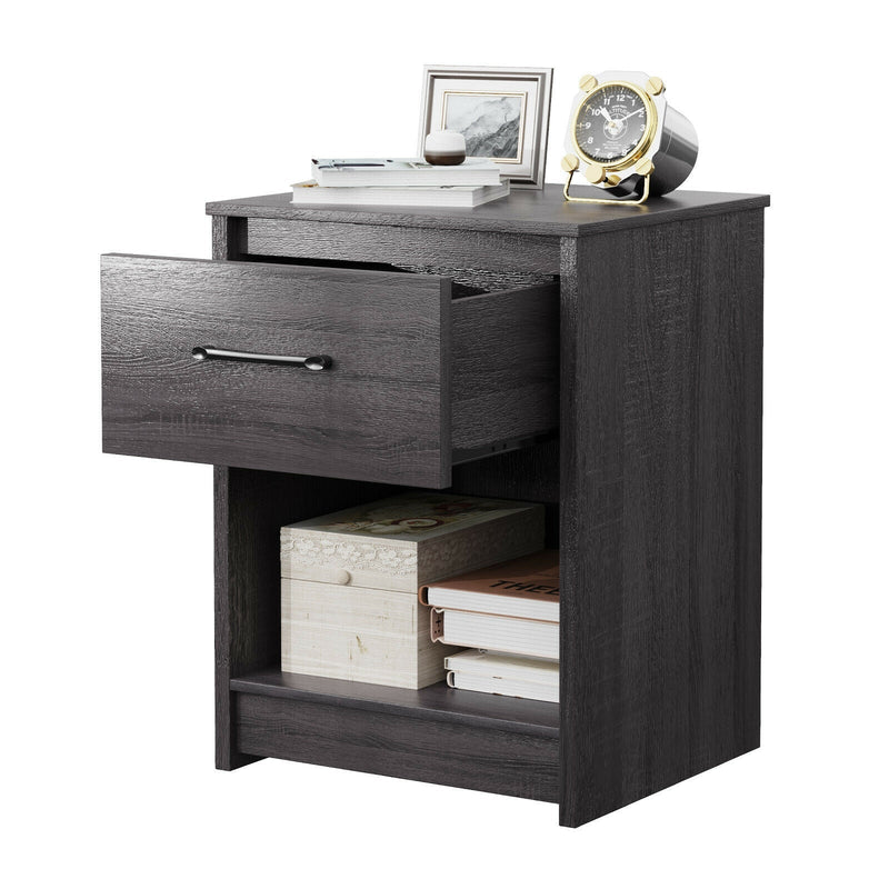 Wooden End Side Table Nightstand with Drawer Storage Shelf-Black - Relaxacare