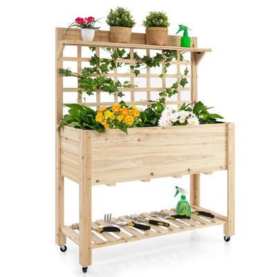 Wooden Raised Garden Bed with Wheels Trellis and Storage Shelf - Relaxacare