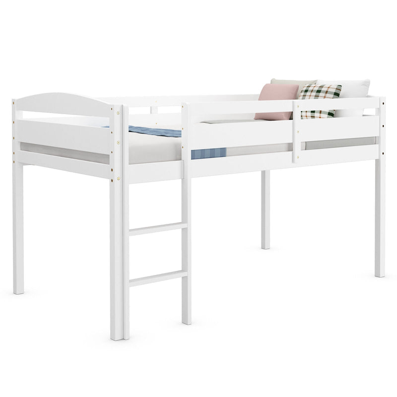 Wooden Twin Low Loft Bunk Bed with Guard Rail and Ladder-White - Relaxacare