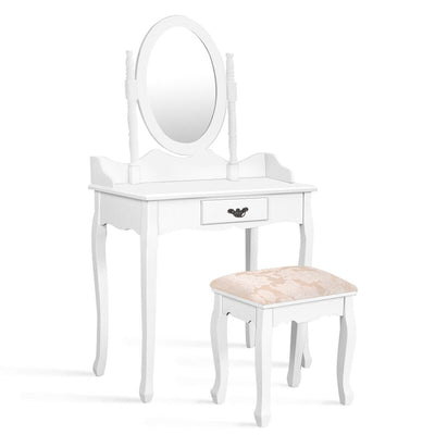 Wooden Vanity Table Set with Oval Mirror and Cushioned Stool - Relaxacare
