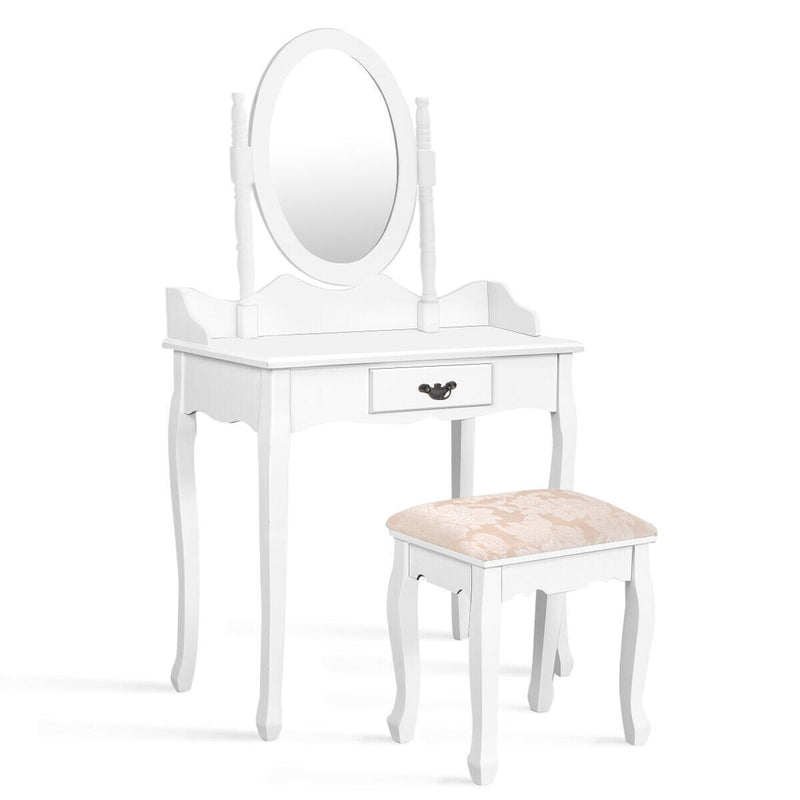 Wooden Vanity Table Set with Oval Mirror and Cushioned Stool - Relaxacare
