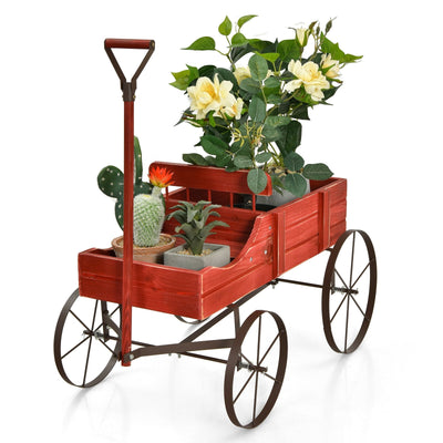 Wooden Wagon Plant Bed with Metal Wheels for Garden Yard Patio - Relaxacare