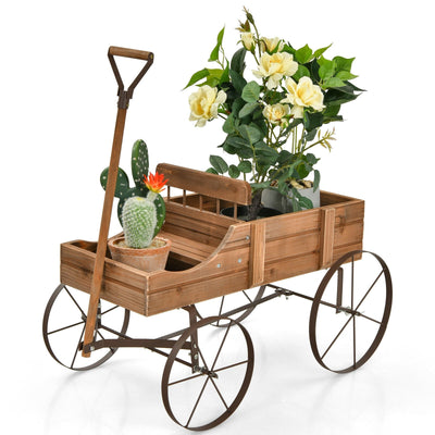 Wooden Wagon Plant Bed With Wheel for Garden Yard-Brown - Relaxacare
