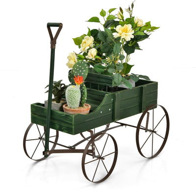 Wooden Wagon Plant Bed With Wheel for Garden Yard-Green - Relaxacare