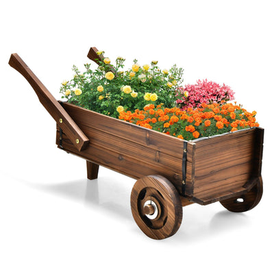 Wooden Wagon Planter Box with Wheels Handles and Drainage Hole - Relaxacare